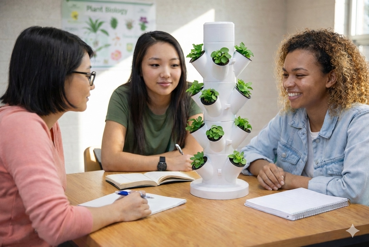 Students collaborating with vertical growing system in classroom