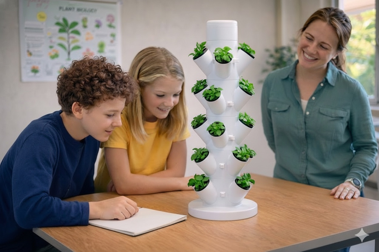 Students engaged in hands-on STEM learning with vertical growing system