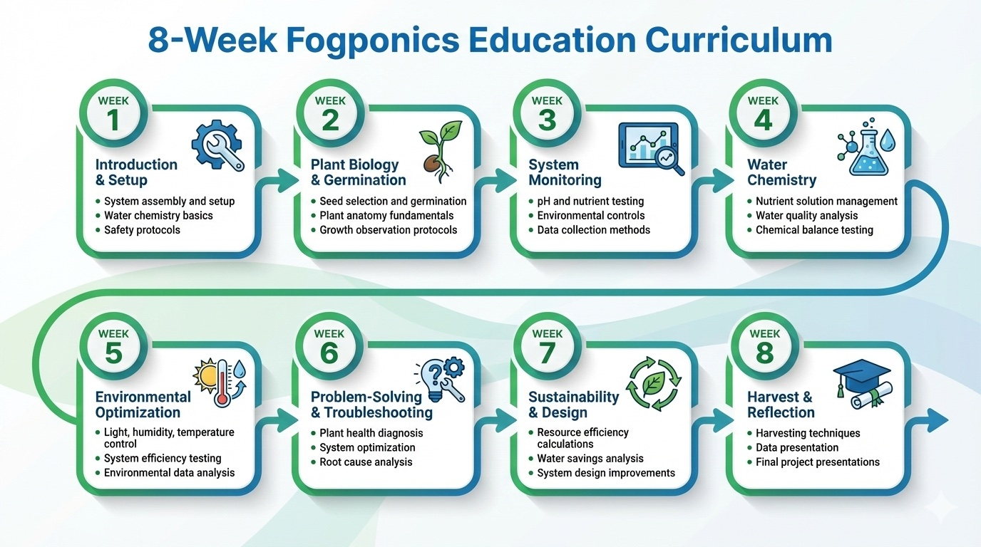Detailed 8-week FogponicsEdu curriculum timeline showing all phases from introduction to harvest